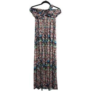 TBags Los Angeles Multi Color One Shoulder Maxi Dress Abstract Print Cutout XS